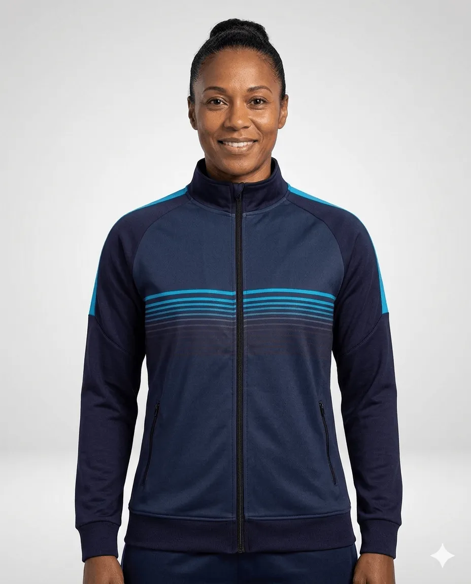 Navy Cyan Stripe Track Women Coach Jacket