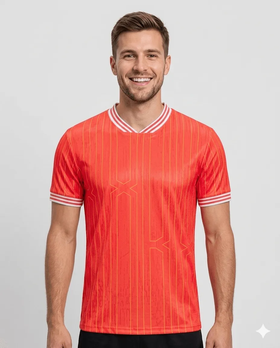 Men's Coral Pinstripe Tshirt (orange-red vertical pinstripes, V-neck)