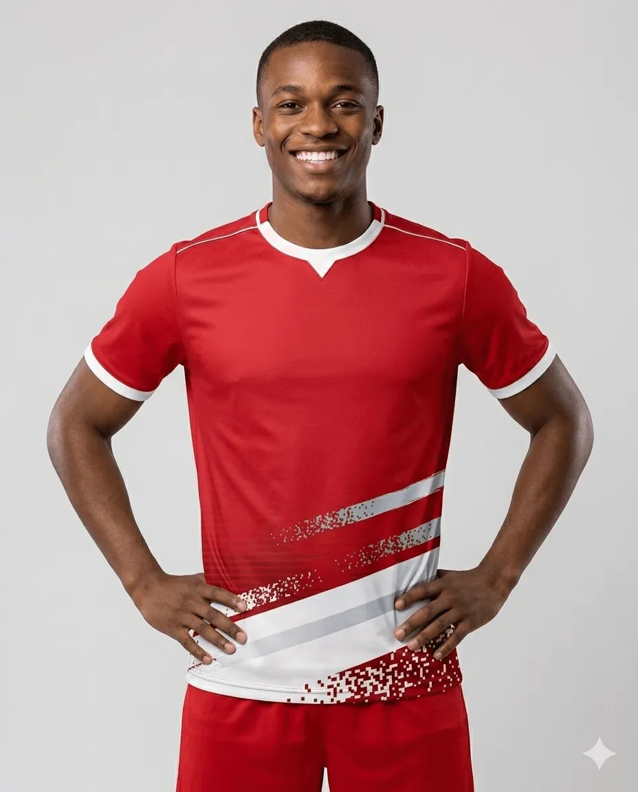 Men's Crimson Strike Tshirt (red_white V-neck, pixel-fade hem)