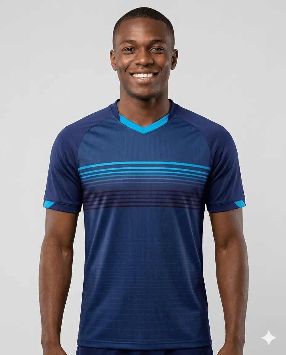 Men's Navy Horizon Tshirt (navy, cyan gradient chest lines)