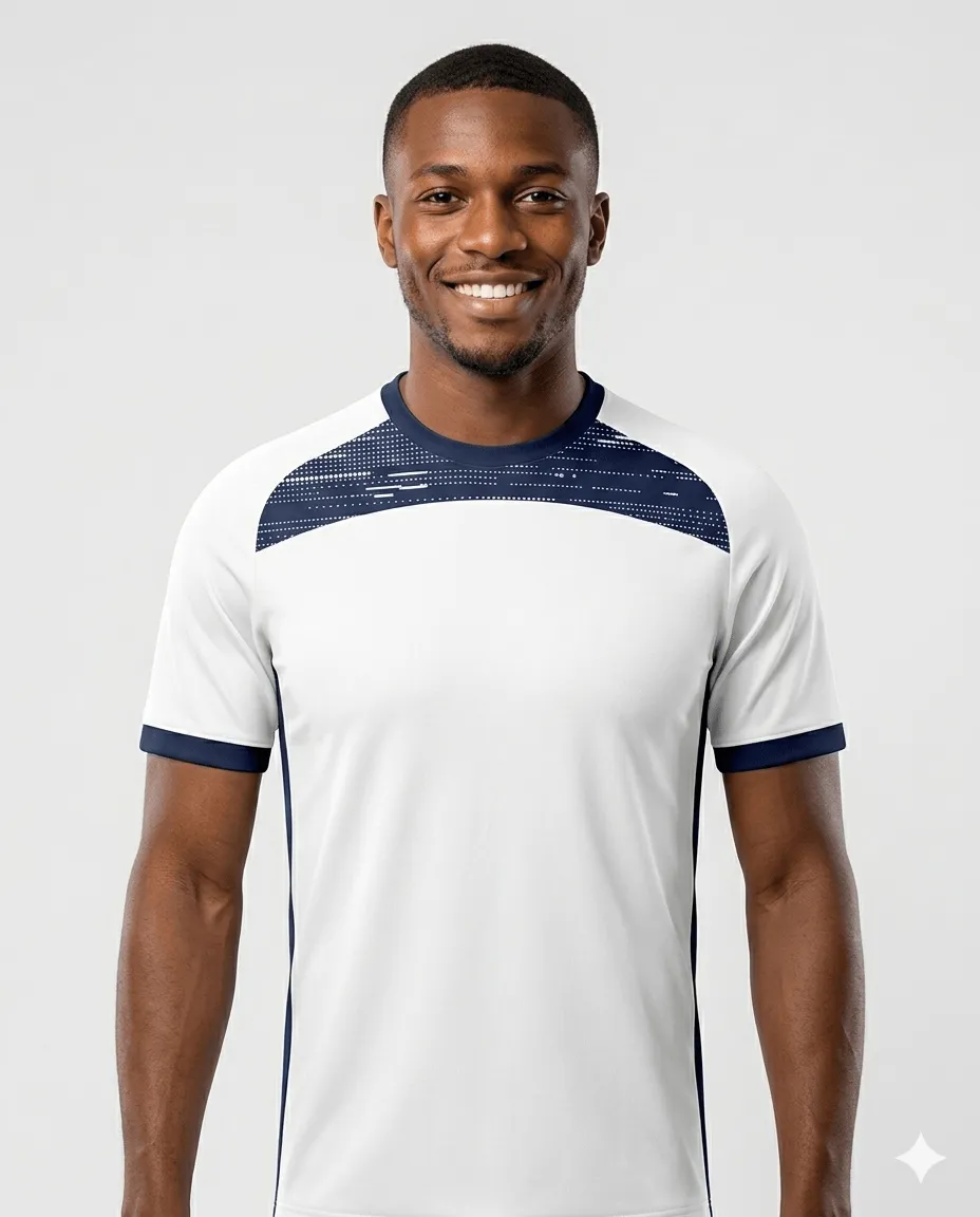 Men's Navy Yoke Classic Tshirt (white, navy dotted shoulder panel)