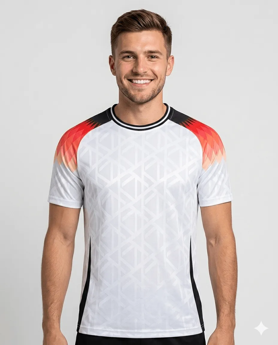 Men's Phantom Flame Tshirt (white, red_black geometric shoulder)